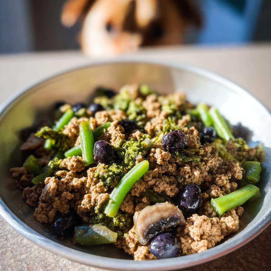 Close-up of a bowl containing Turkey-Free Poultry Protein Mix mixed with green beans, broccoli, mushrooms, and blueberries.