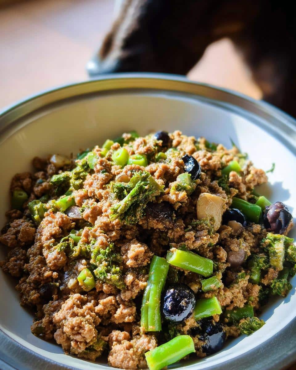 Close-up of Turkey-Free Poultry Protein Mix with green vegetables and dark berries in a white bowl.