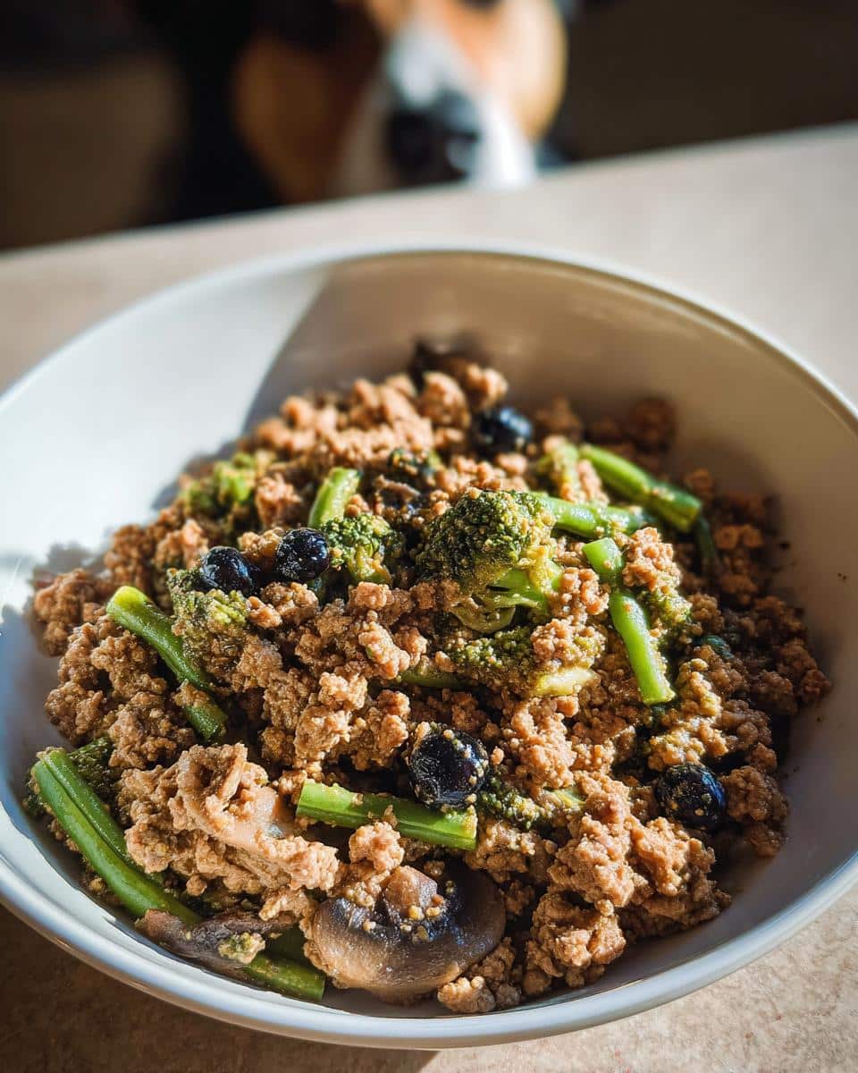 A close-up of a bowl containing Turkey-Free Poultry Protein Mix mixed with broccoli, green beans, mushrooms, and blueberries.