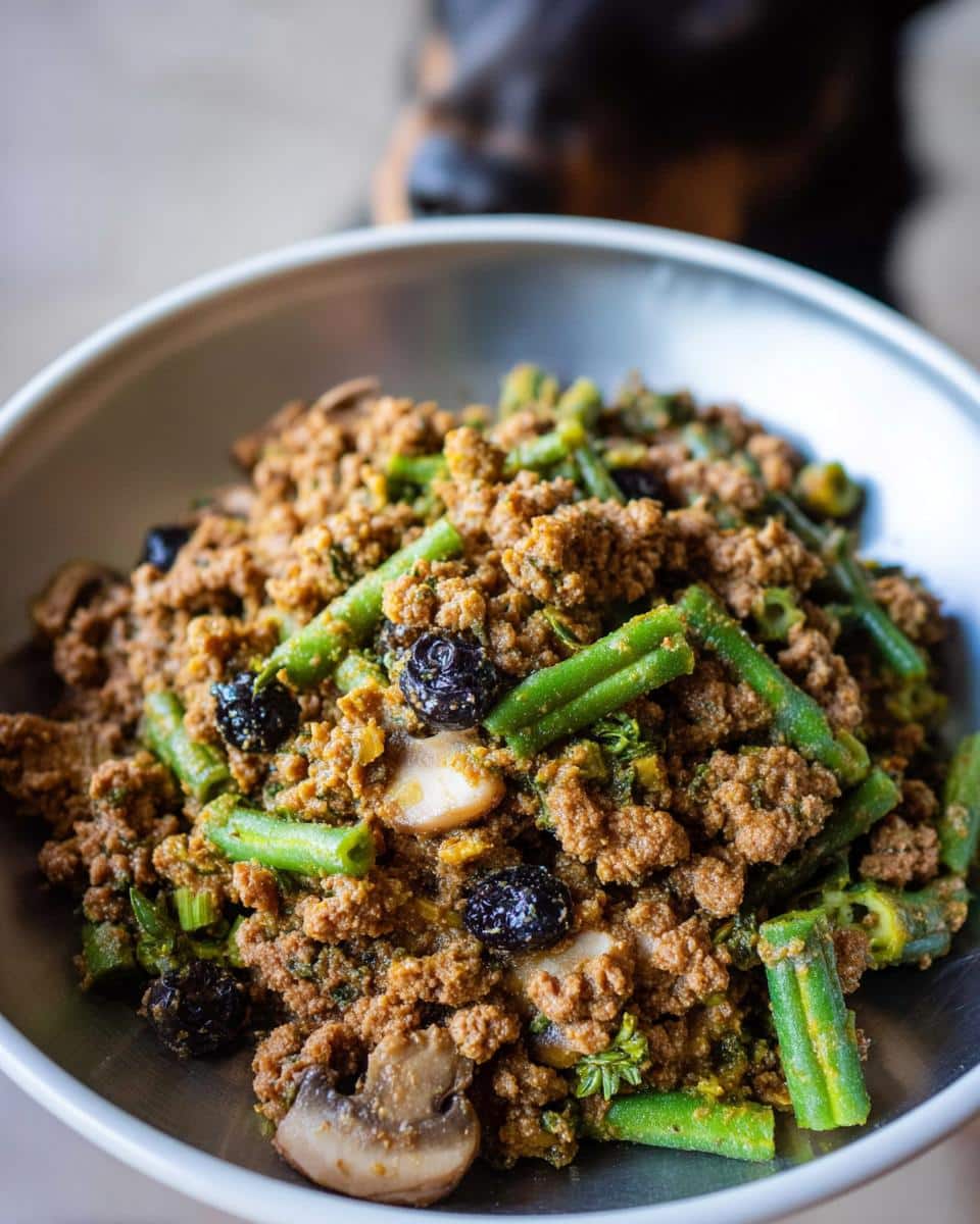 Close-up of Turkey-Free Poultry Protein Mix with green beans and mushrooms in a metal bowl, with a dog looking on in the background.