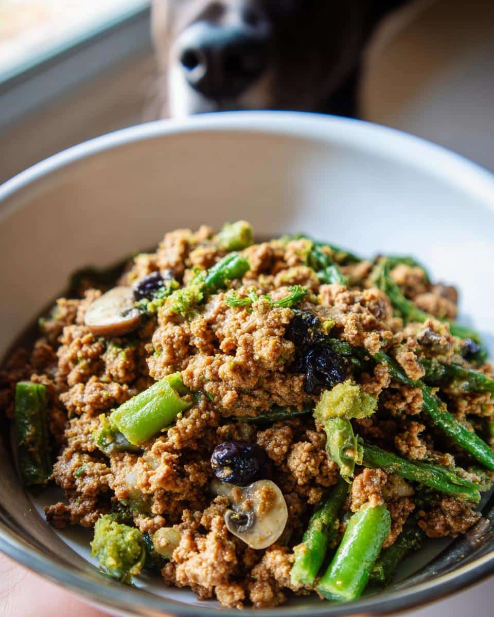 Close-up of a bowl containing Turkey-Free Poultry Protein Mix with green beans and mushrooms, while a dog's nose is visible in the background.