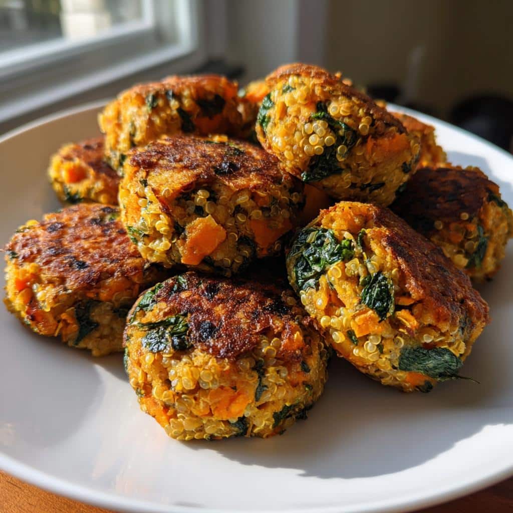 Close-up of several golden-brown Turkey-Free Veggie Power Dog Mix patties made with quinoa, sweet potato, and spinach.