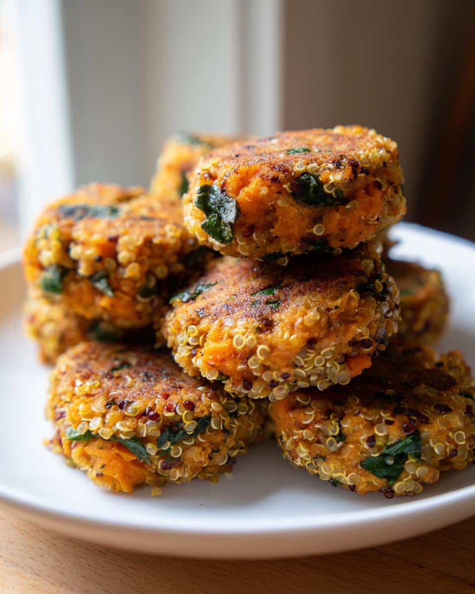 Stack of golden-brown quinoa and sweet potato patties, part of the Turkey-Free Veggie Power Dog Mix.