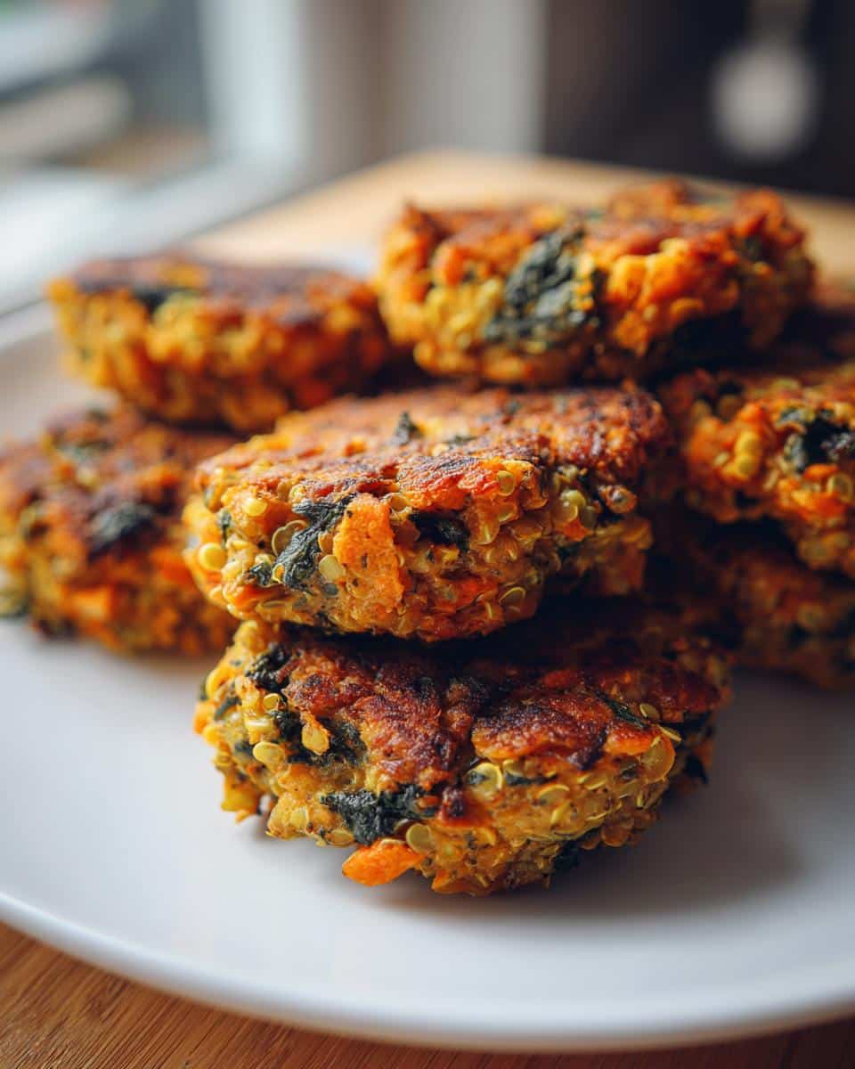 Stack of golden-brown, pan-fried Turkey-Free Veggie Power Dog Mix patties made with quinoa and greens.