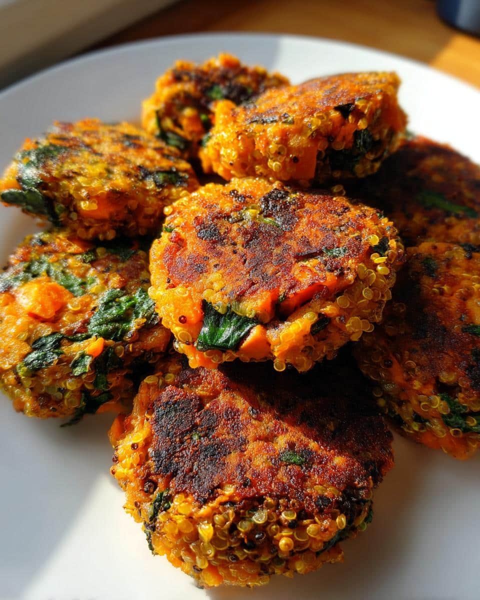 Close-up of several golden-brown, pan-fried patties made from the Turkey-Free Veggie Power Dog Mix, showing quinoa and spinach.