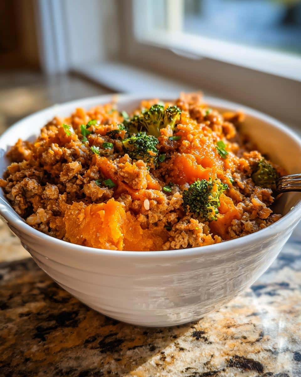 Close-up of a Turkey Pumpkin Reset Bowl with ground turkey, mashed pumpkin, and broccoli florets.