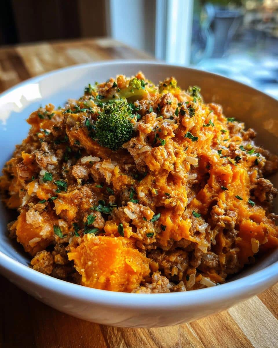 A close-up of the hearty Turkey Pumpkin Reset Bowl mixed with ground turkey, mashed pumpkin, and topped with broccoli florets and parsley.