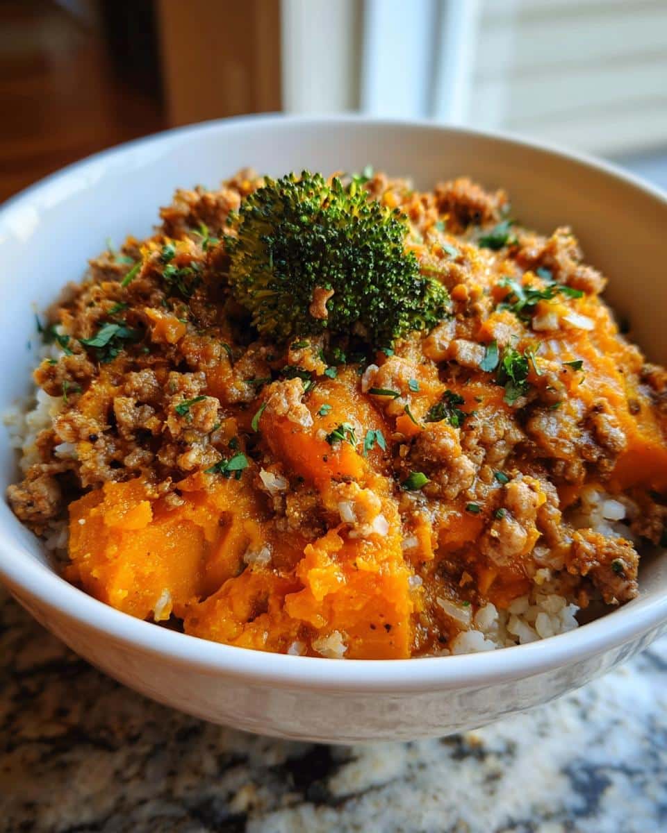 A close-up of the Turkey Pumpkin Reset Bowl featuring ground turkey, mashed pumpkin, and a broccoli floret garnish.