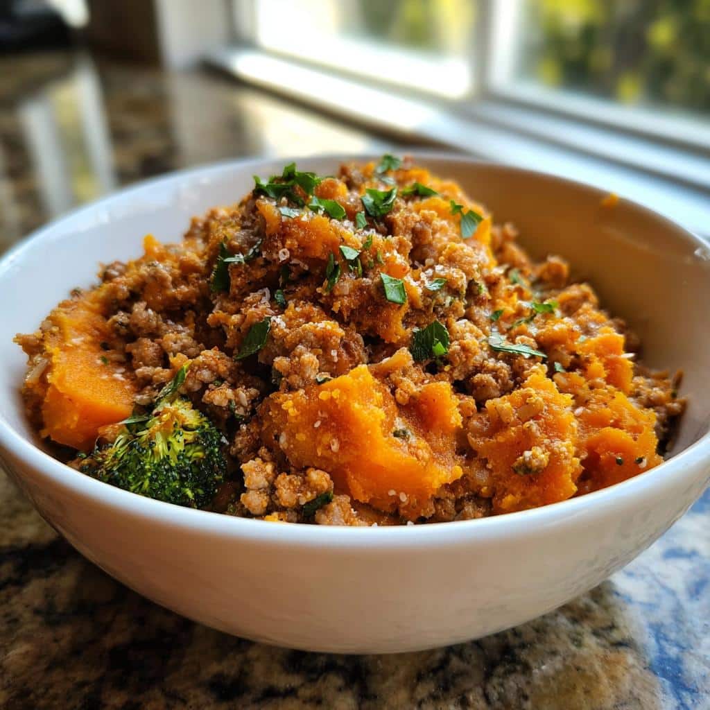 Close-up of a Turkey Pumpkin Reset Bowl featuring seasoned ground turkey mixed with orange squash chunks and broccoli florets.
