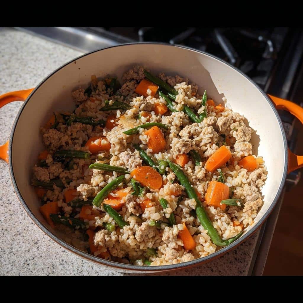 Ground turkey, rice, carrots, and green beans mixed together in an orange-handled Dutch oven, representing a Turkey Veggie Dog Dinner.