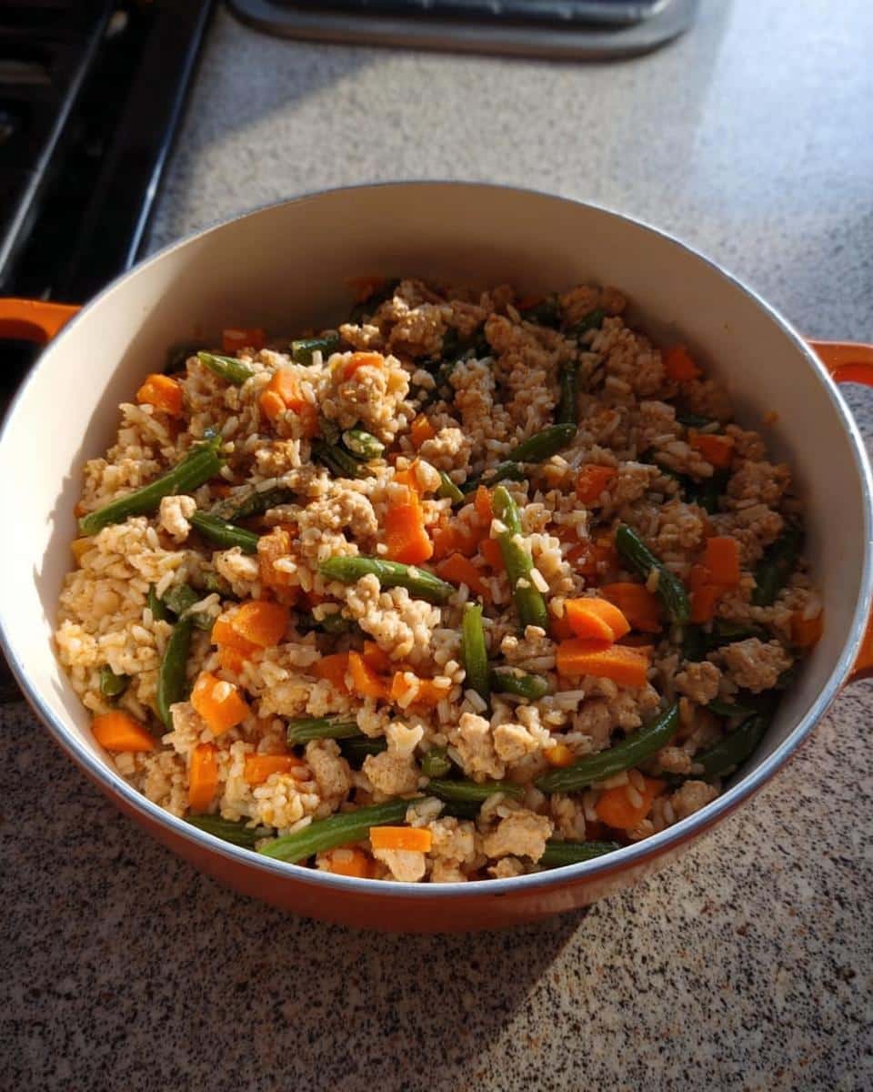 Close-up of a pot filled with ground turkey, rice, chopped carrots, and green beans, part of a Turkey Veggie Dog Dinner.