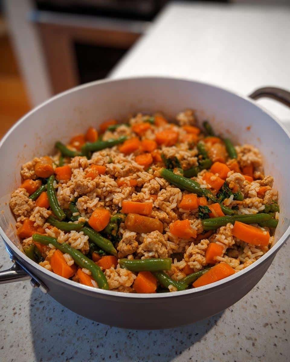 Close-up of ground turkey, rice, carrots, and green beans mixture for Turkey Veggie Dog Dinner in a white pan.
