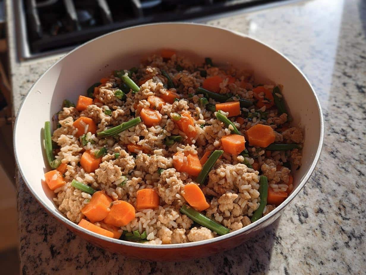 A white bowl filled with a mixture of ground turkey, brown rice, chopped carrots, and green beans for a Turkey Veggie Dog Dinner.