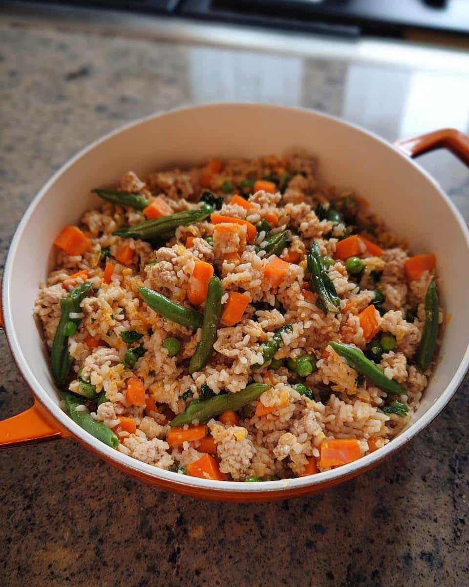A colorful skillet filled with Turkey Veggie Dog Dinner mixture of rice, ground turkey, carrots, and green beans.