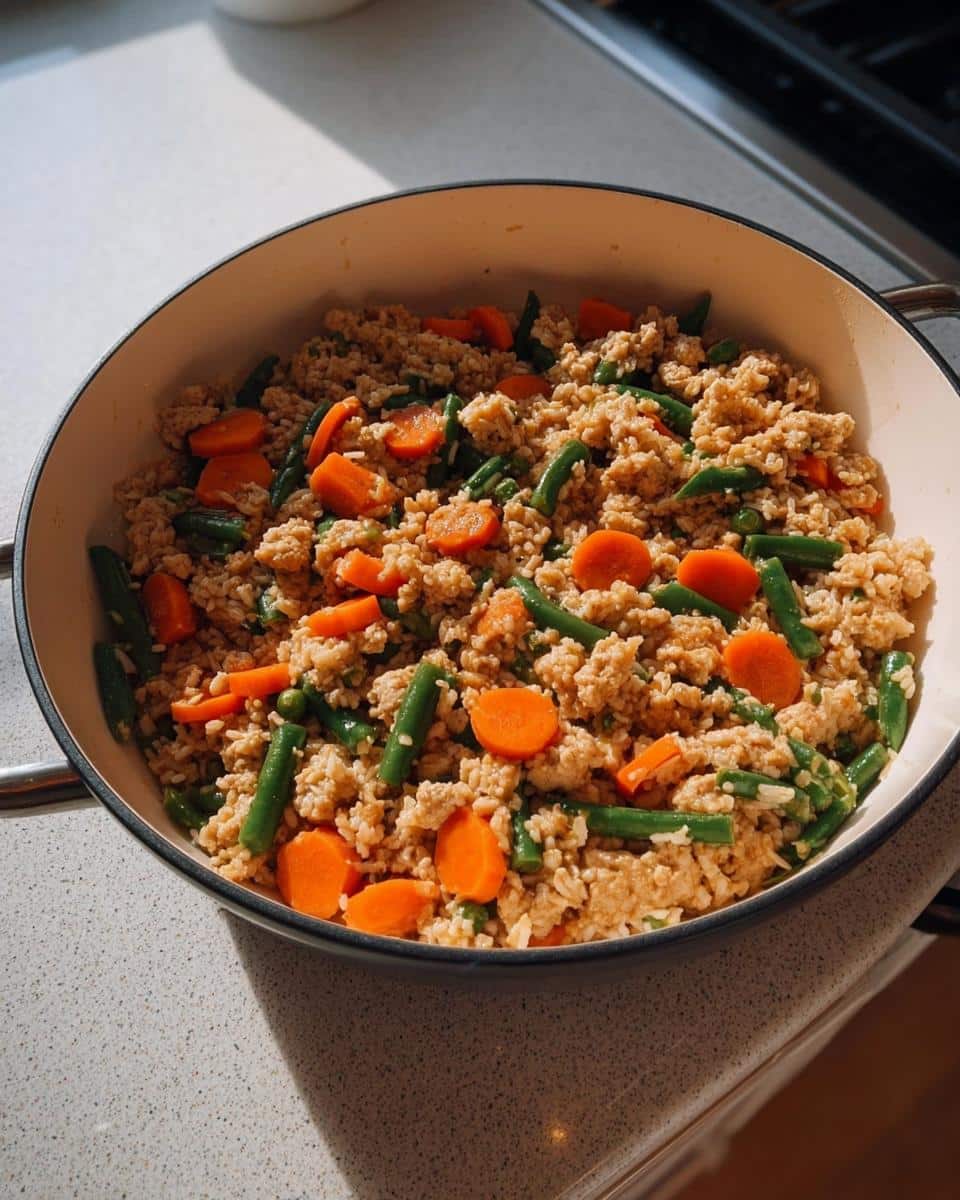 Ground mixture with rice, carrots, and green beans, part of the Turkey Veggie Dog Dinner recipe.
