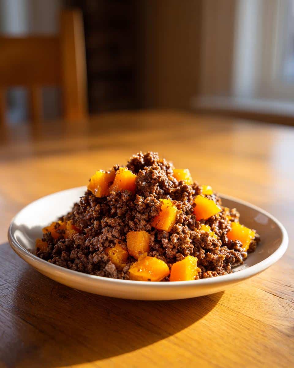 A bowl piled high with ground venison mixed with bright orange cubes of squash for a Venison Squash Home Dog Dinner.