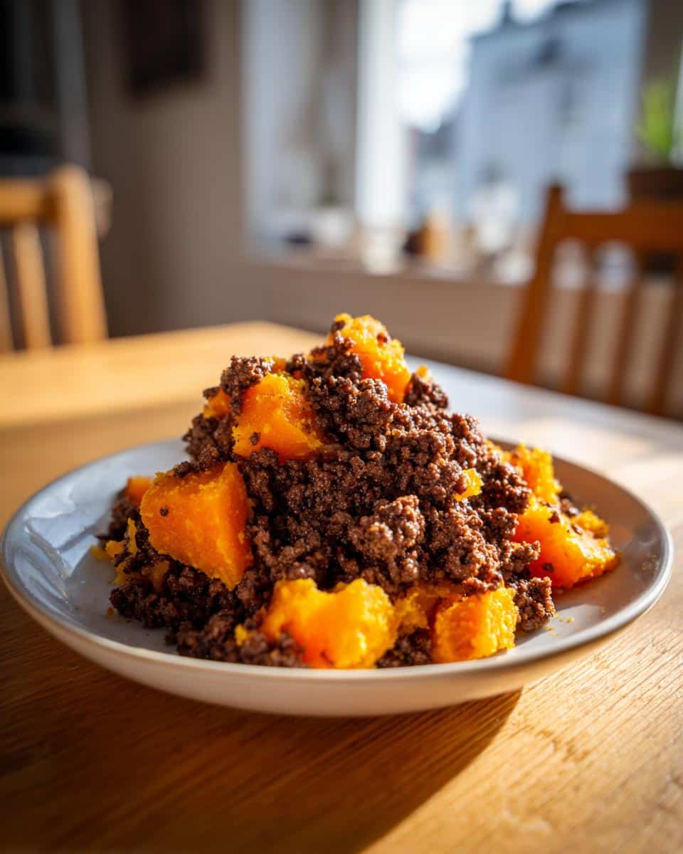 A plate of Venison Squash Home Dog Dinner featuring dark ground venison mixed with bright orange chunks of squash.