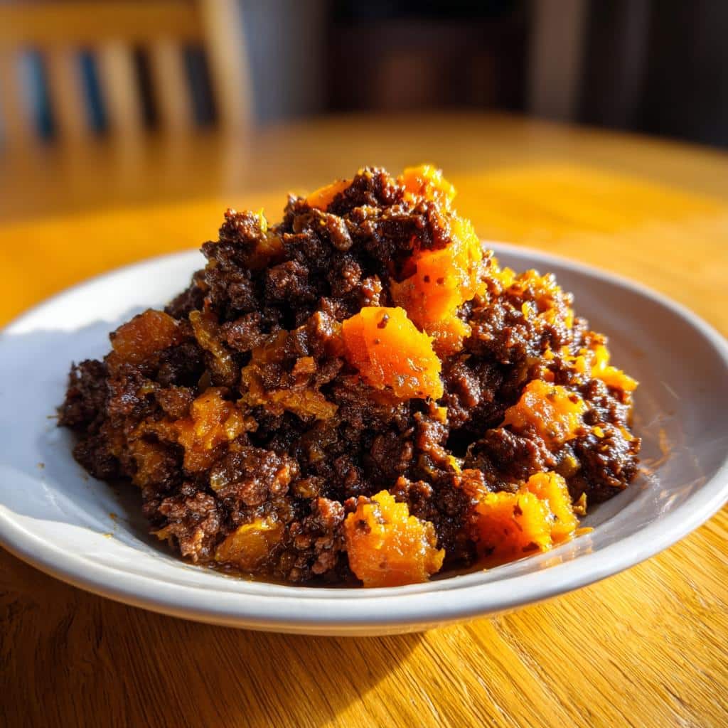 A close-up of a serving of Venison Squash Home Dog Dinner mixture on a white plate.