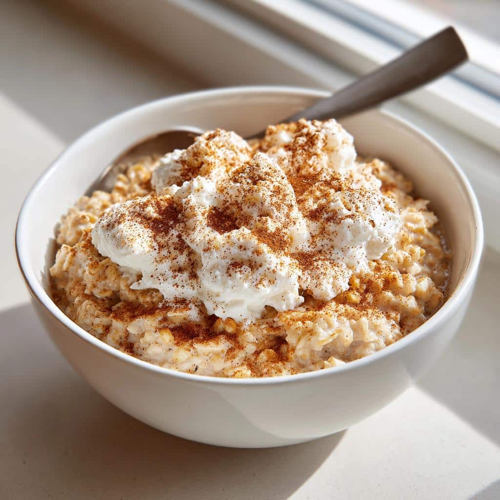Close-up of a bowl of Warm Cottage Oat Dog Breakfast topped with cottage cheese and cinnamon.