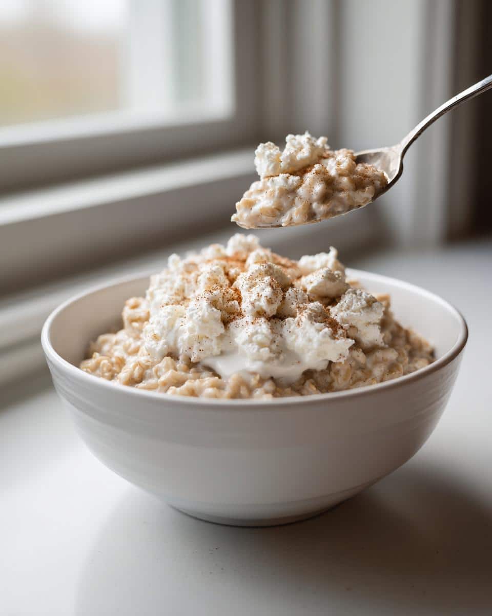 A spoonful of Warm Cottage Oat Dog Breakfast topped with cottage cheese and cinnamon.