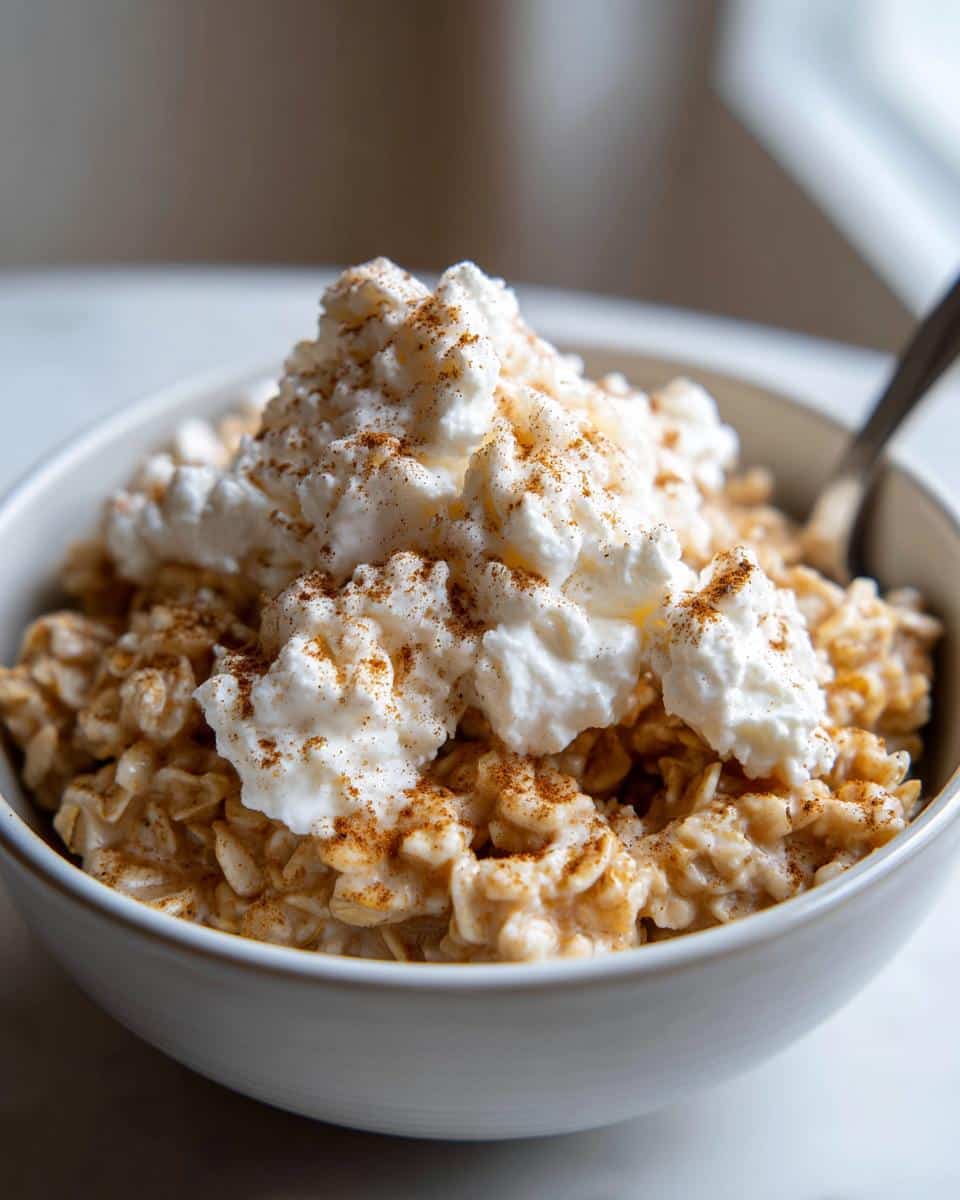Close-up of a bowl containing Warm Cottage Oat Dog Breakfast topped with white cottage cheese and cinnamon.