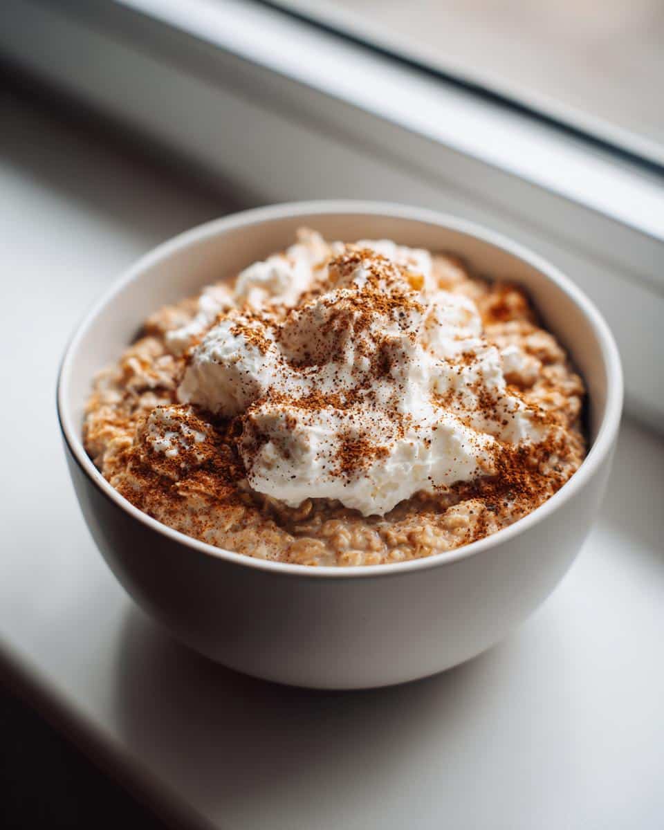 A bowl of Warm Cottage Oat Dog Breakfast topped with whipped cream and cinnamon.