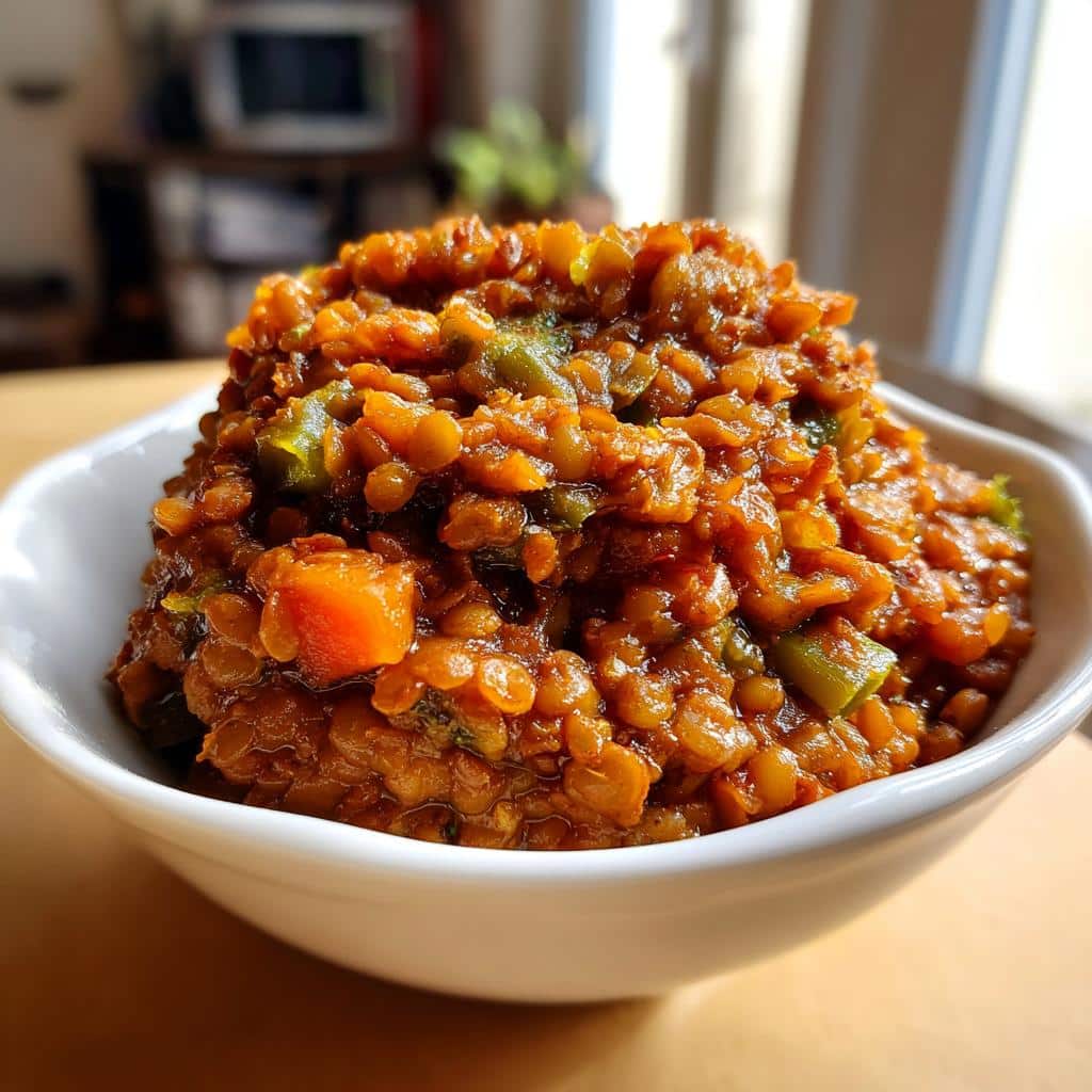 A close-up of a white bowl filled high with rich, savory Warm Lentil Veggie Dog Mash, showing lentils, carrots, and green vegetables.