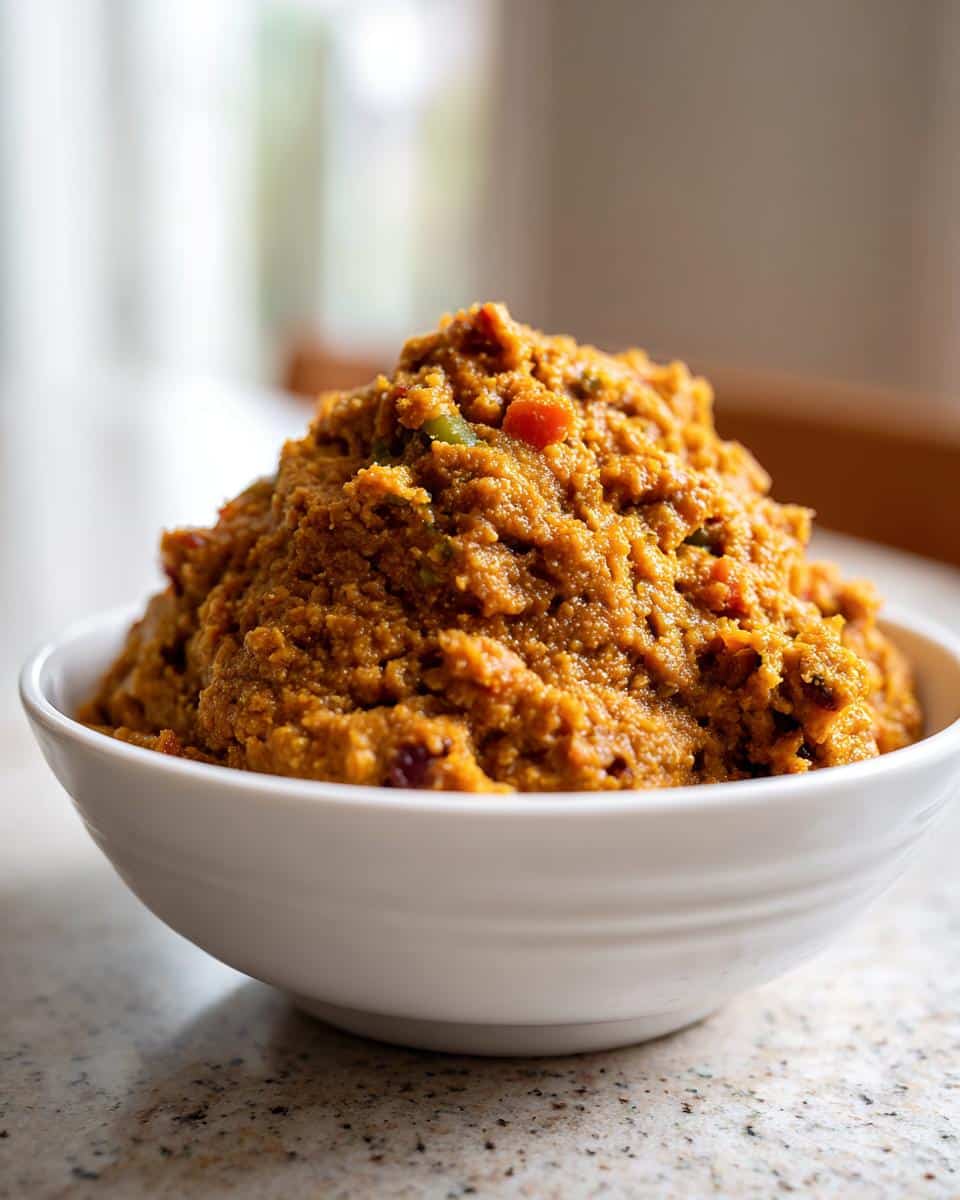 A close-up of a generous serving of Warm Lentil Veggie Dog Mash piled high in a white bowl.