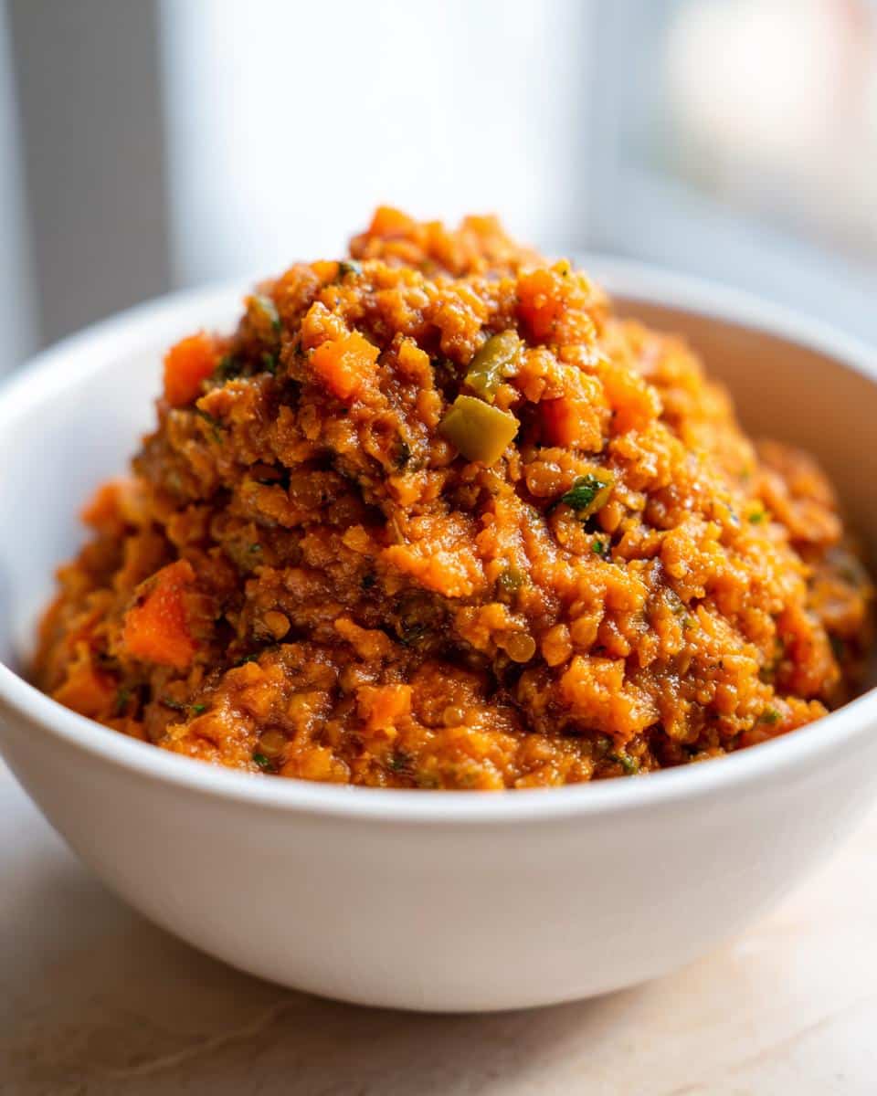 Close-up of a white bowl filled with the bright orange Warm Lentil Veggie Dog Mash, showing texture and chopped vegetables.