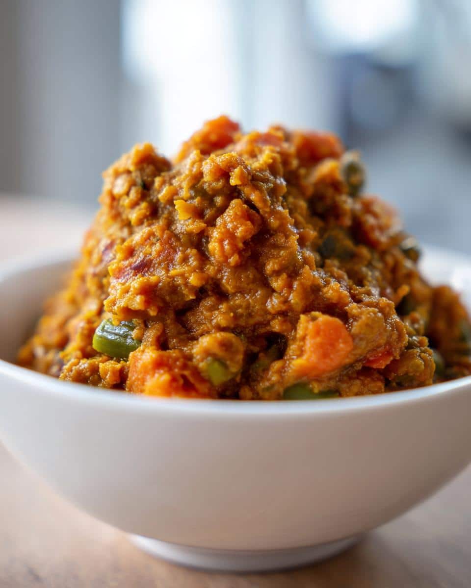 Close-up of a hearty serving of Warm Lentil Veggie Dog Mash, featuring orange and green vegetables in a thick sauce, served in a white bowl.
