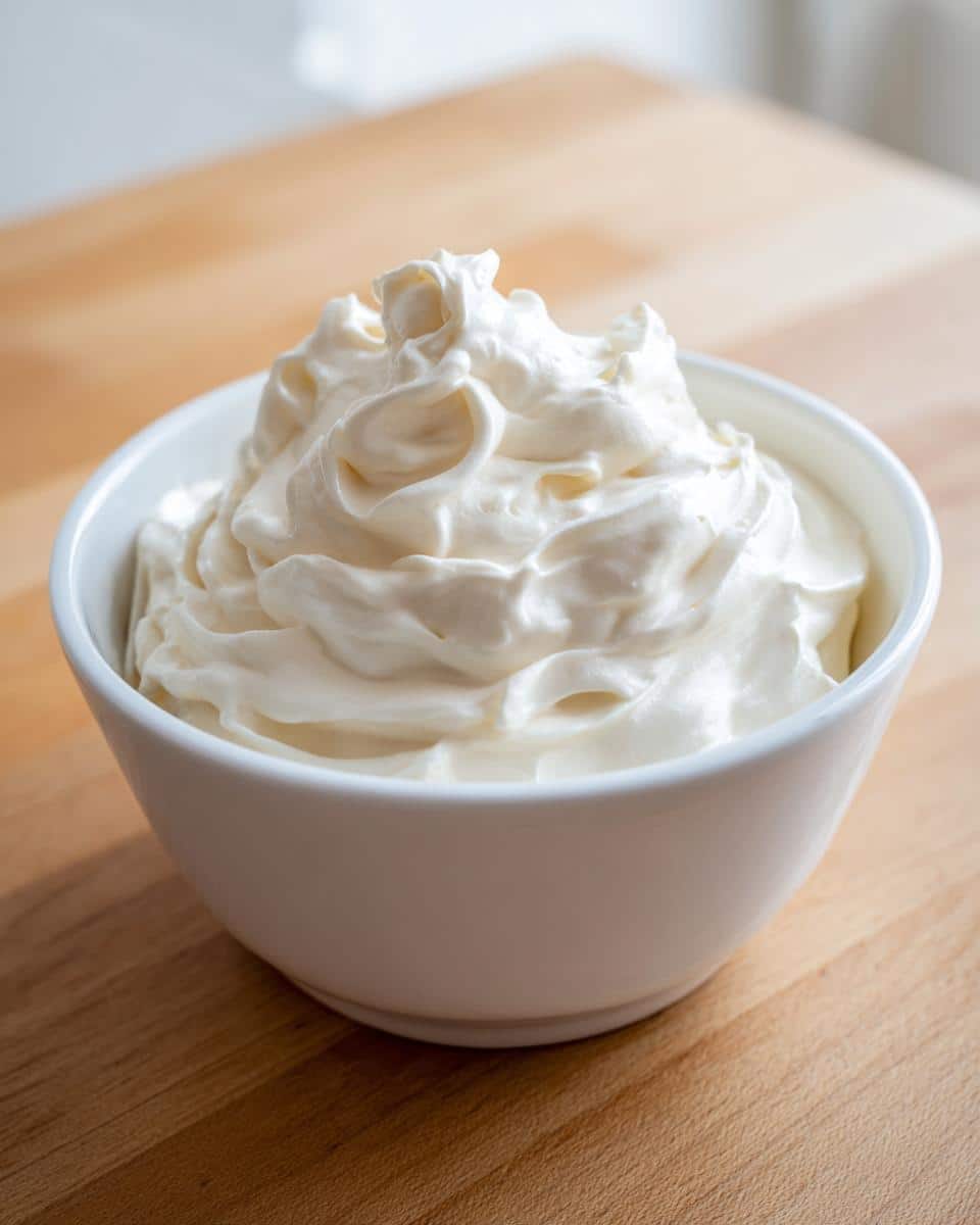 A white bowl filled with fluffy, whipped low-fat yogurt protein mixture for a Low-Fat Yogurt Protein Pup Bowl.