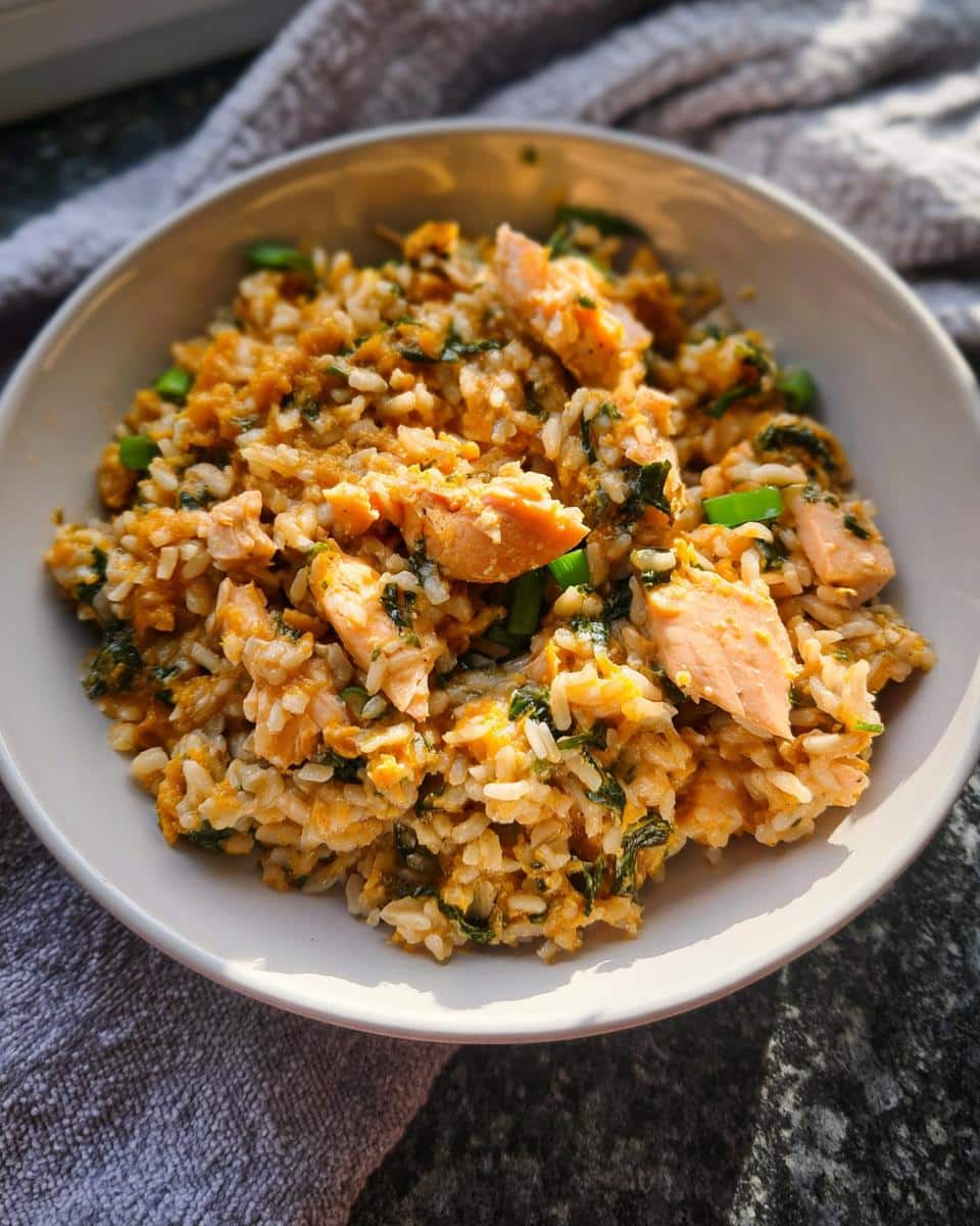 A bowl filled with Whitefish Brown Rice Calm Meal, featuring flaked fish, brown rice, and green vegetables.
