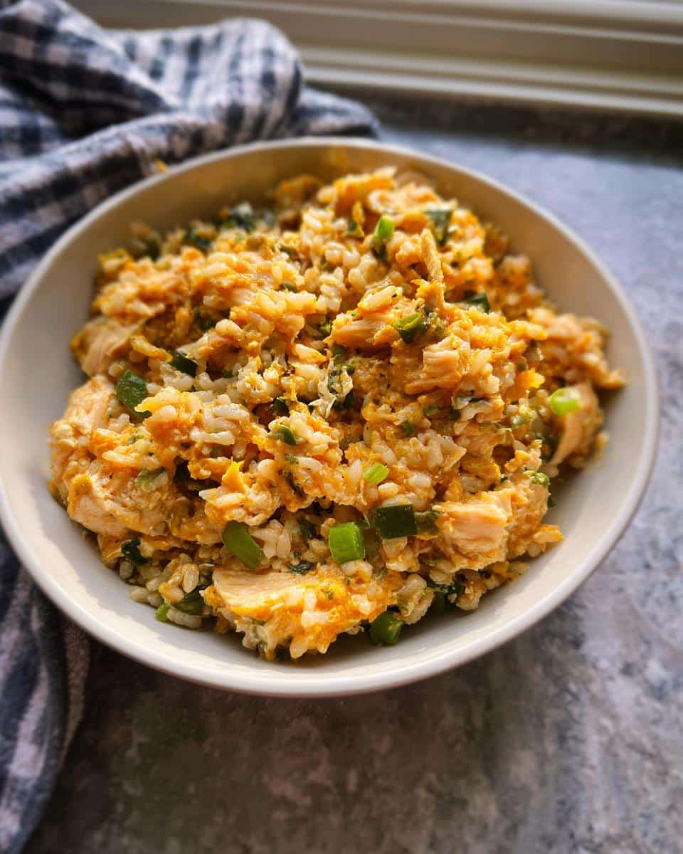 A bowl filled with Whitefish Brown Rice Calm Meal, featuring flaked fish, rice, and green onions.