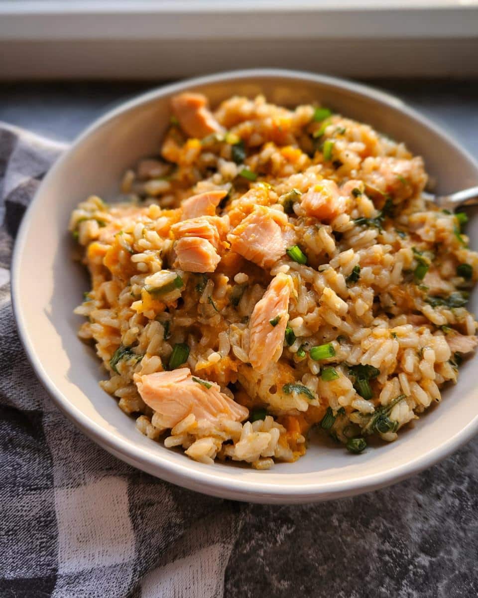 A close-up of a bowl of Whitefish Brown Rice Calm Meal mixed with orange squash and green onions.