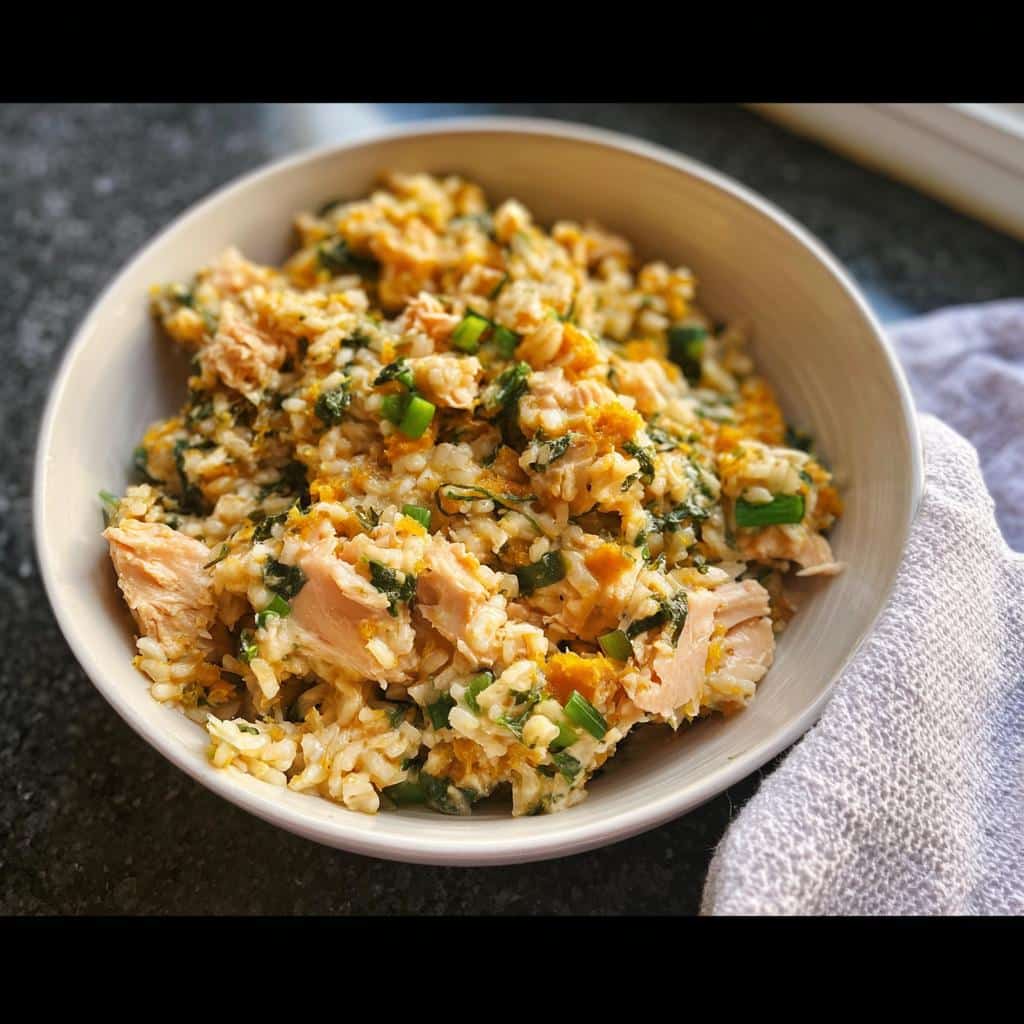 Close-up of a bowl filled with Whitefish Brown Rice Calm Meal, featuring flaked fish, brown rice, orange squash, and green onions.