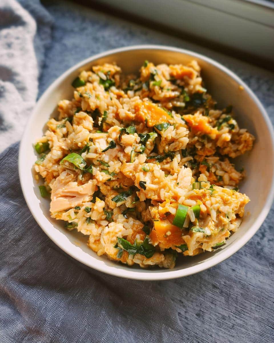 A close-up of a bowl filled with Whitefish Brown Rice Calm Meal, showing flakes of fish, brown rice, and green onions.