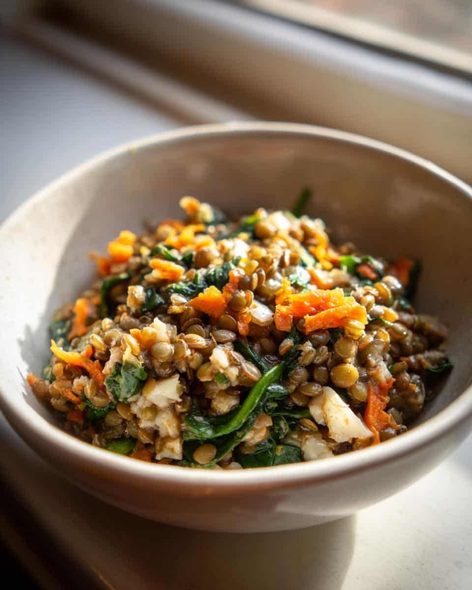 Close-up of Whitefish Lentil Regular Pup Meal mixture with lentils, spinach, and carrots in a light bowl.
