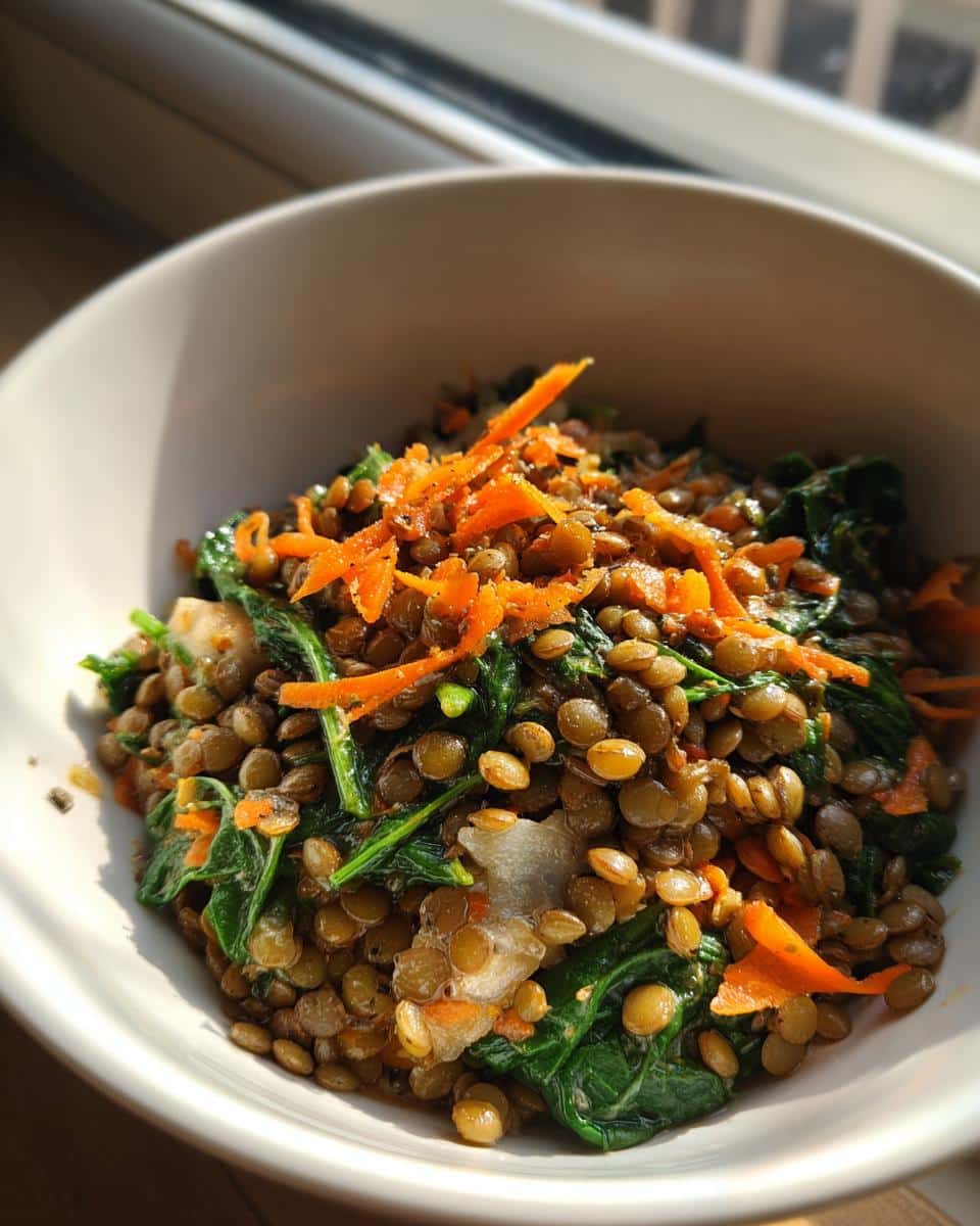 Close-up of a bowl containing lentils, spinach, and shredded carrots, representing the Whitefish Lentil Regular Pup Meal.
