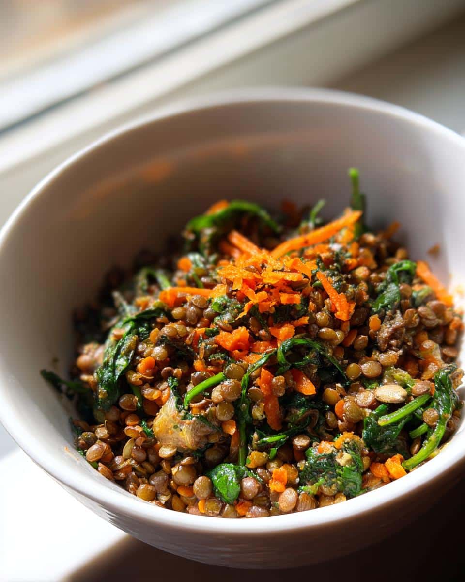 Close-up of a bowl containing lentils, spinach, and shredded carrots, representing the Whitefish Lentil Regular Pup Meal.