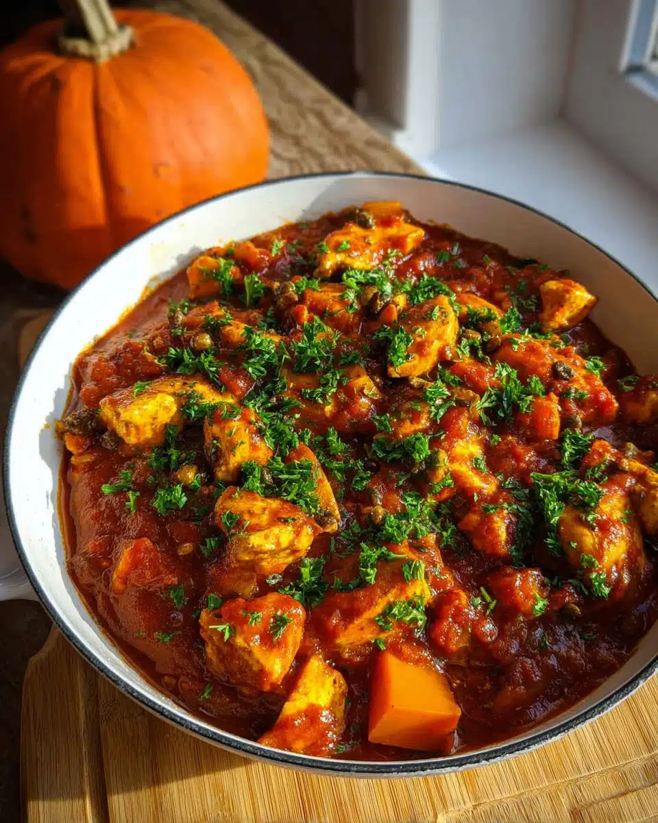Close-up of rich Winter Chicken Pumpkin Stew topped with fresh parsley, with a whole pumpkin in the background.