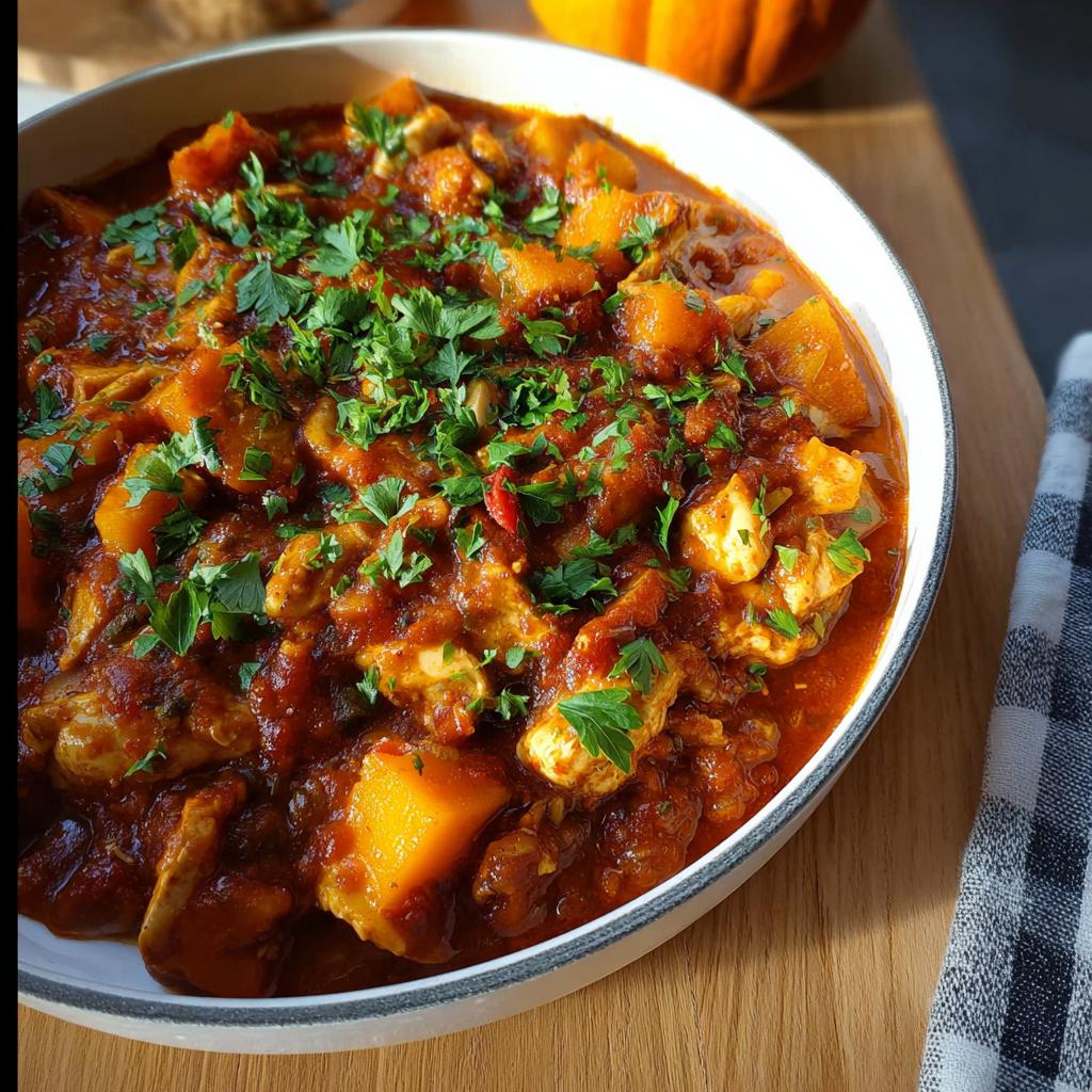 Close-up of a hearty Winter Chicken Pumpkin Stew, rich red in color and topped with fresh parsley.