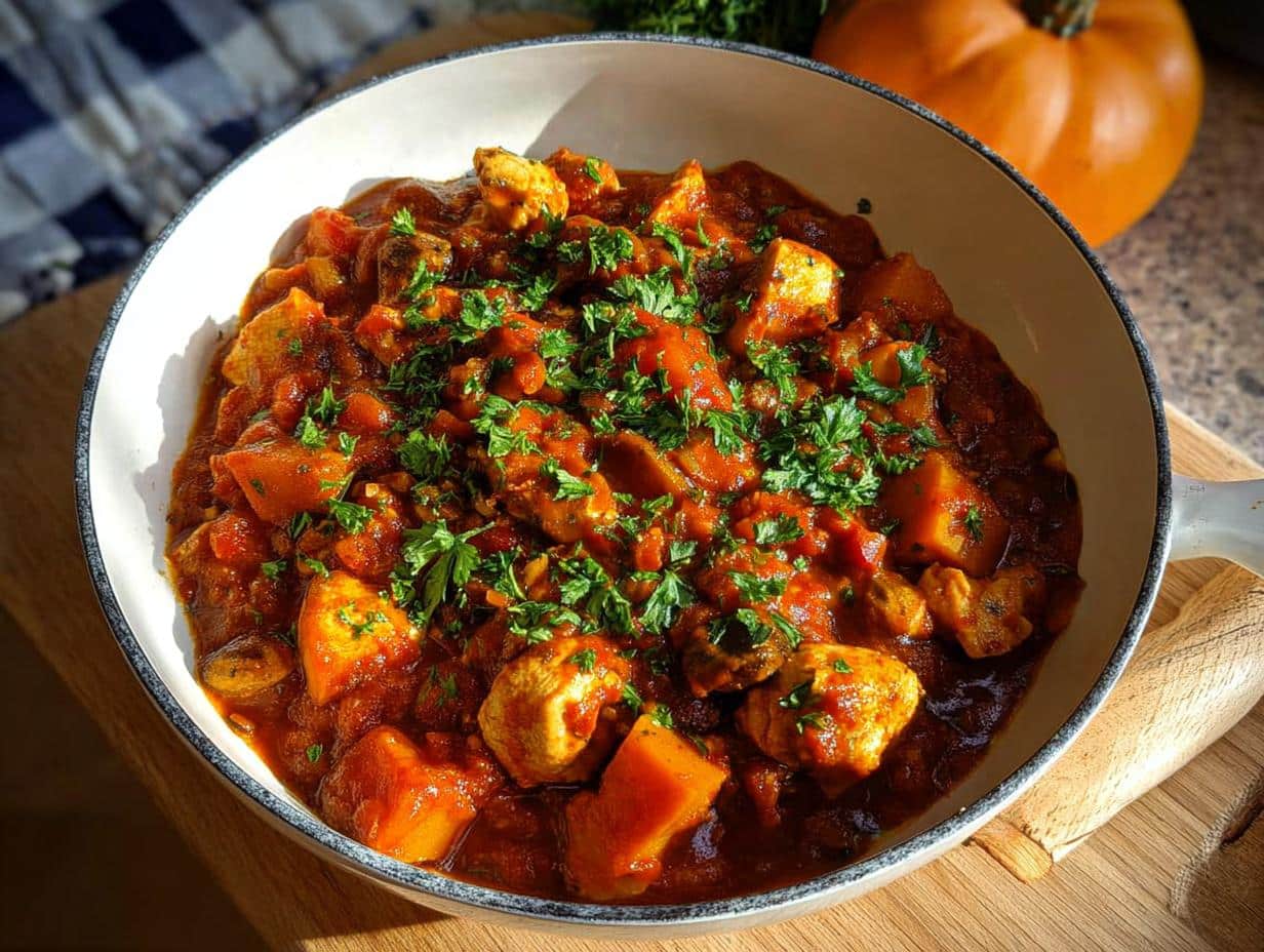 Close-up of rich Winter Chicken Pumpkin Stew, featuring chunks of chicken and pumpkin in a tomato-based sauce, topped with fresh parsley.