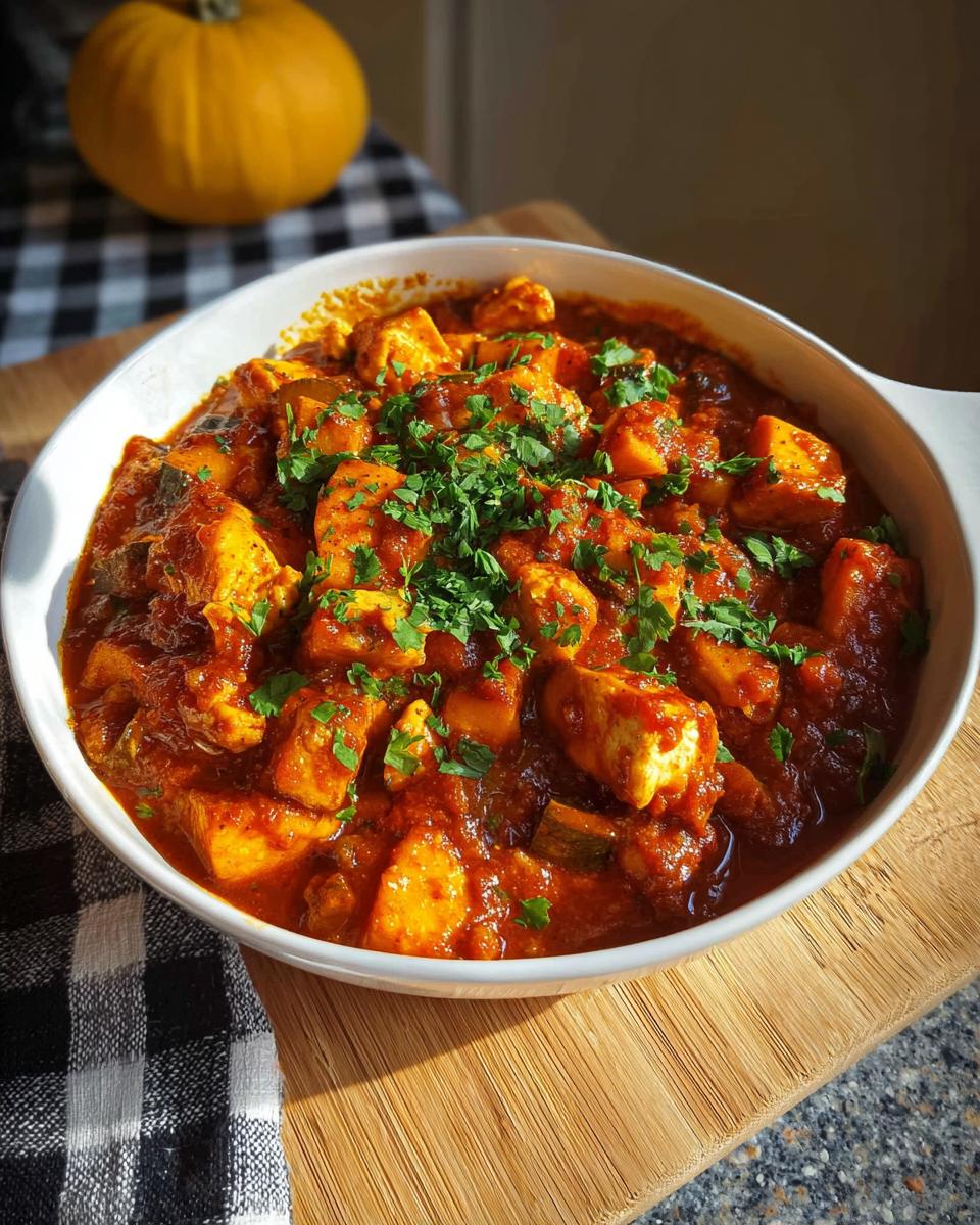 A close-up of a hearty Winter Chicken Pumpkin Stew served in a white bowl, garnished with fresh parsley.