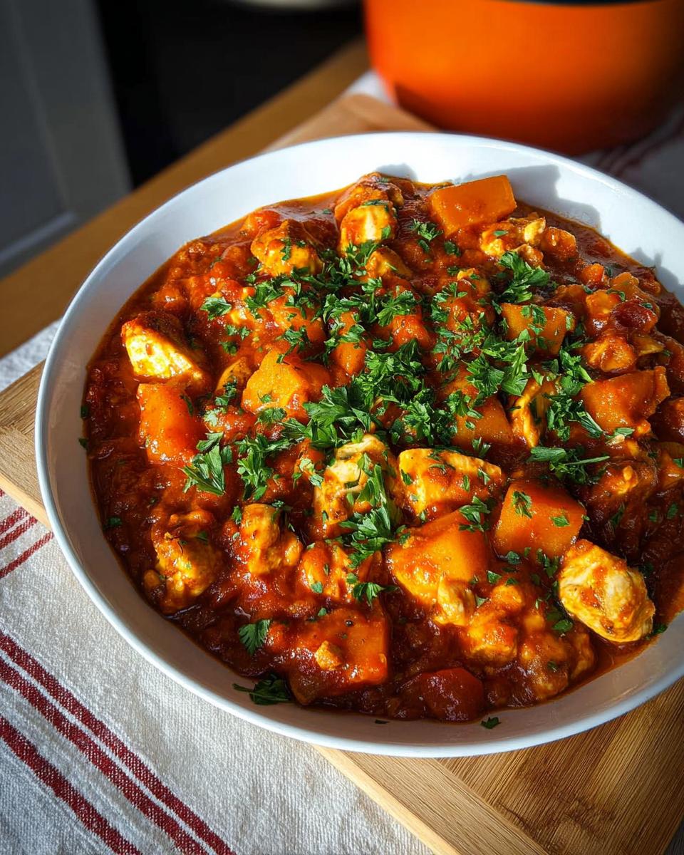 A hearty bowl of Winter Chicken Pumpkin Stew, featuring chunks of chicken and pumpkin in a rich red sauce, topped with fresh parsley.