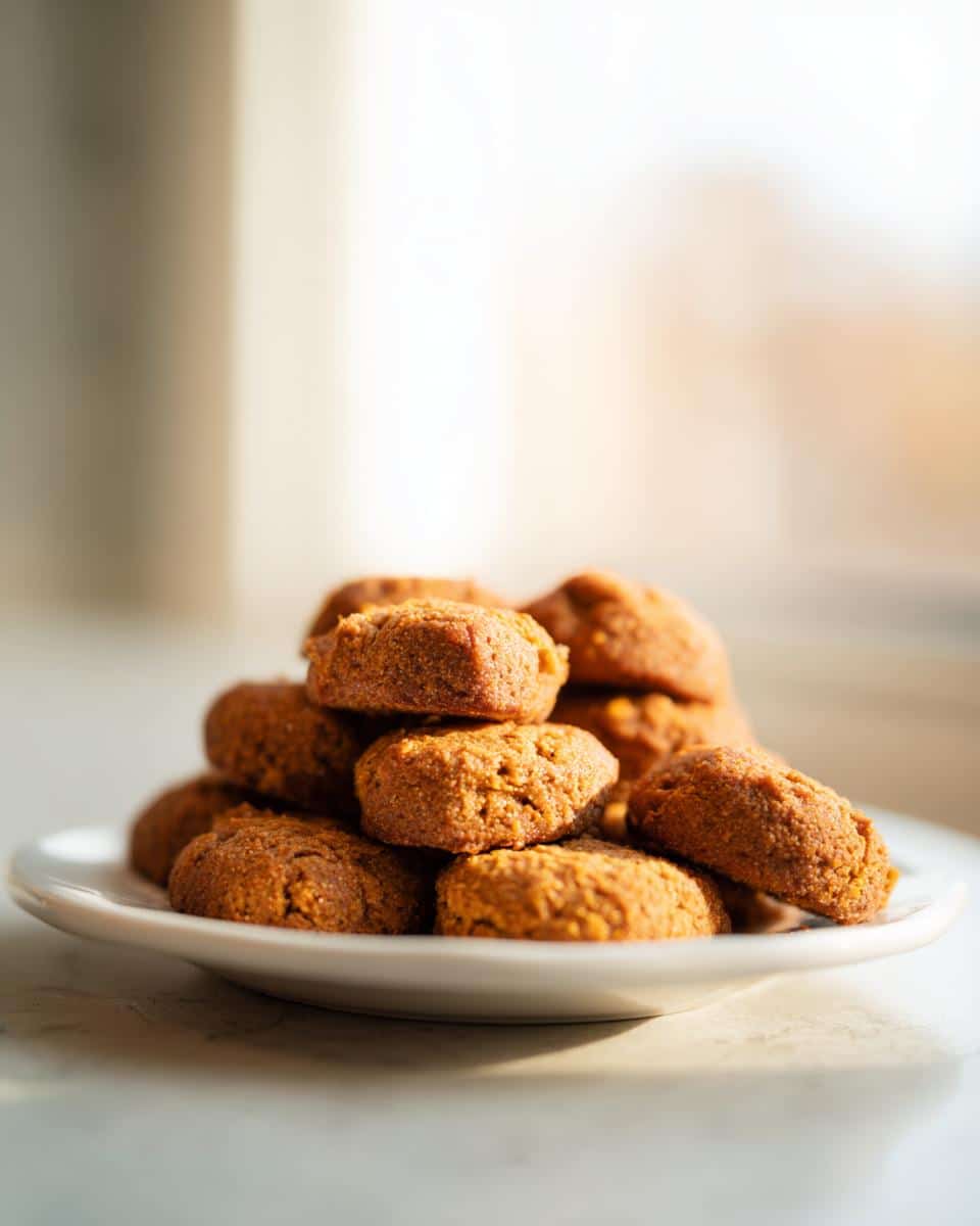 A stack of freshly baked 3-Ingredient Banana Pumpkin Baked Dog Treats piled high on a small white plate.