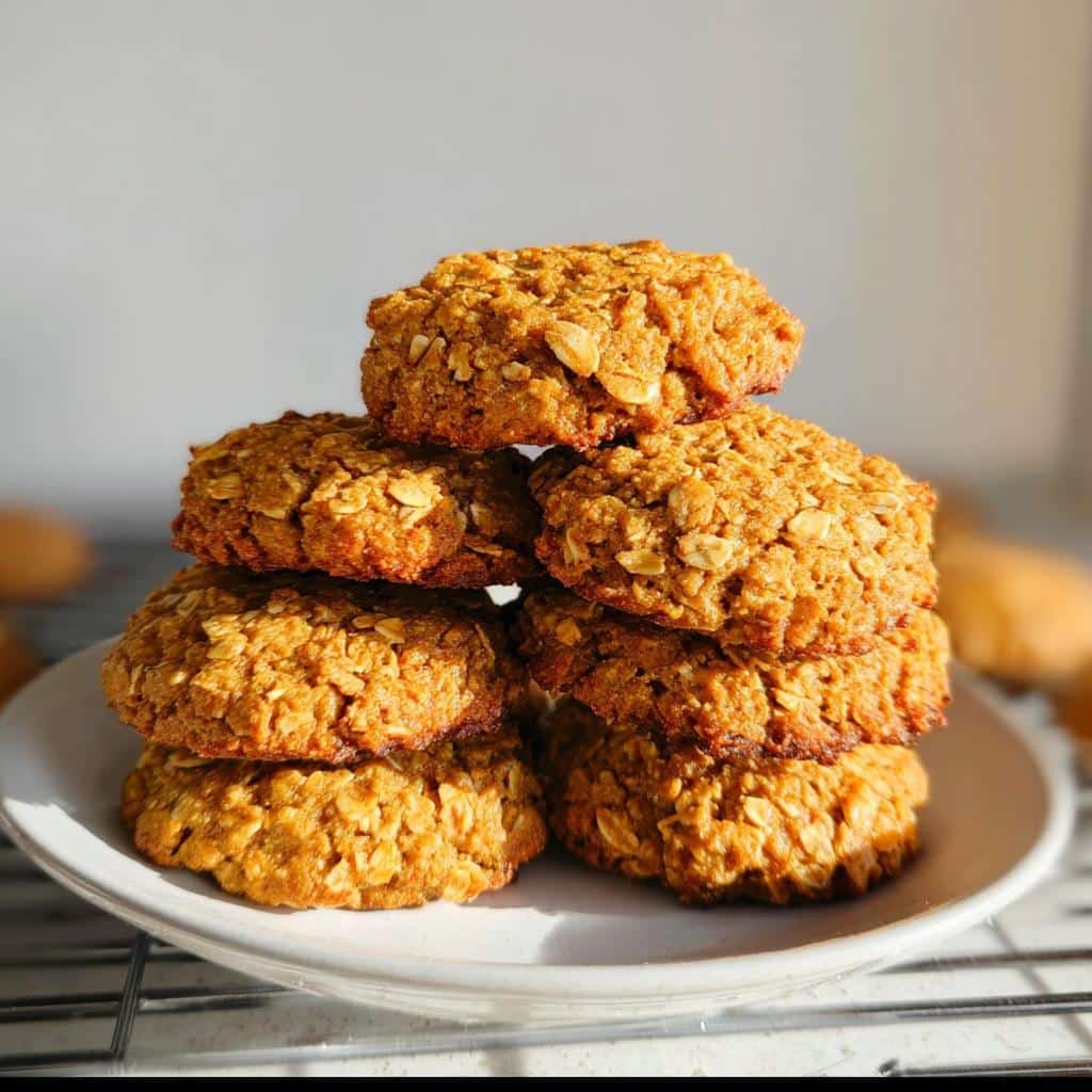 A stack of golden brown 3 Ingredient Pumpkin Oat Peanut Butter Dog Treats on a white plate.