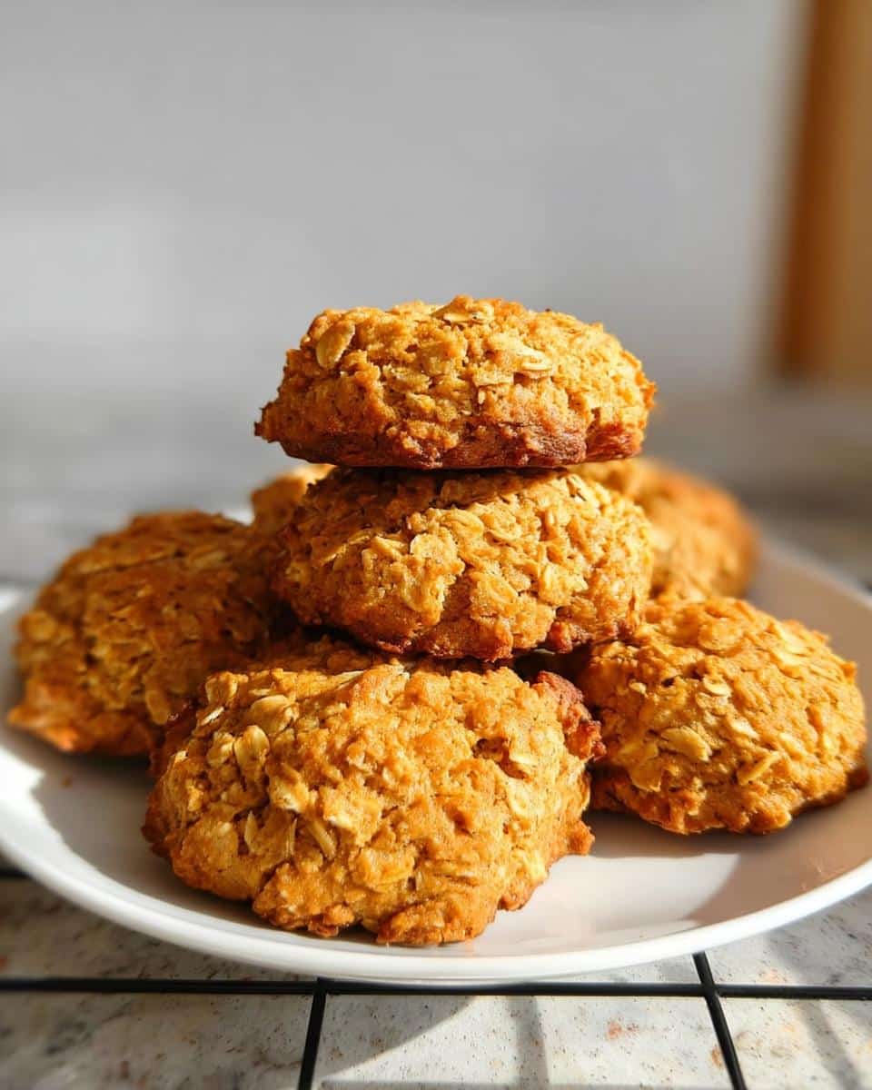 A stack of freshly baked 3 Ingredient Pumpkin Oat Peanut Butter Dog Treats on a white plate.