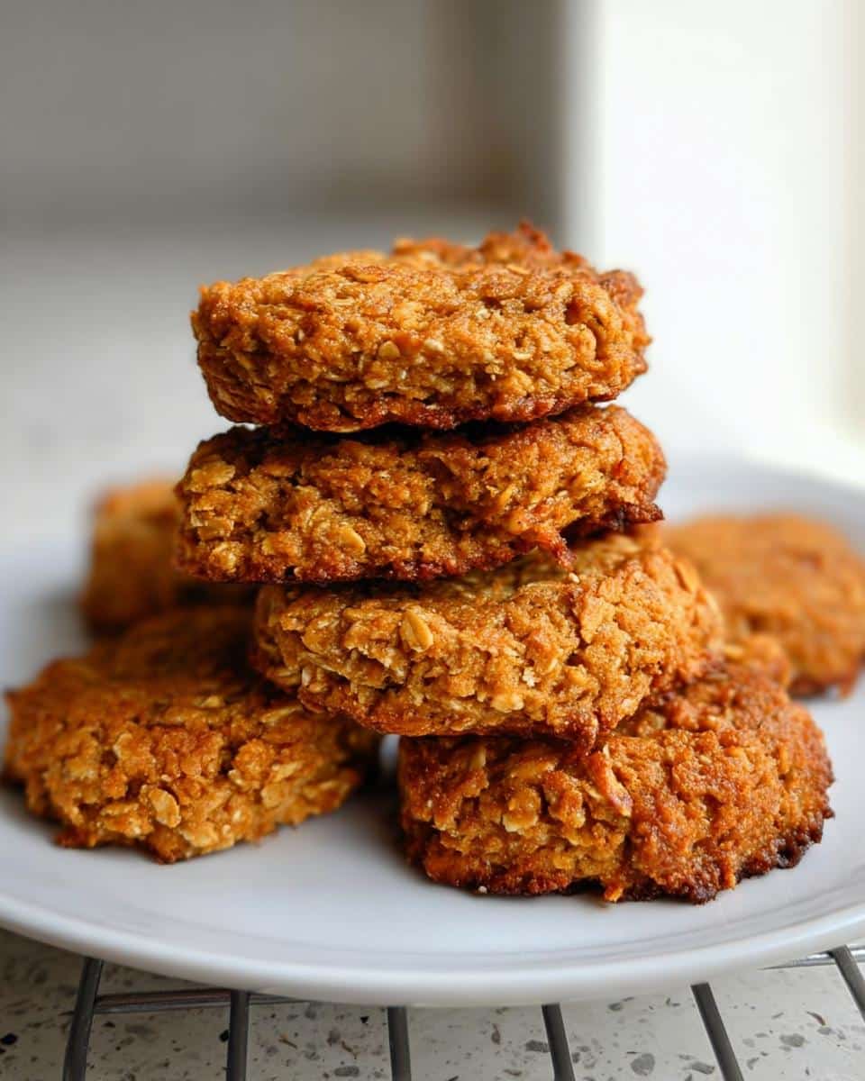 A stack of freshly baked 3 Ingredient Pumpkin Oat Peanut Butter Dog Treats on a white plate.