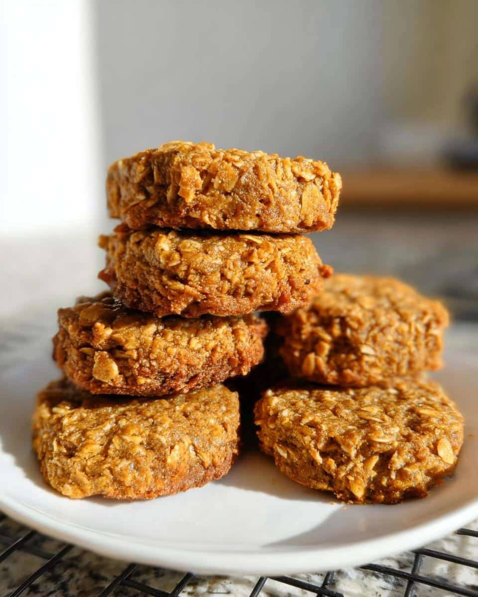 A stack of freshly baked 3 Ingredient Pumpkin Oat Peanut Butter Dog Treats on a white plate.