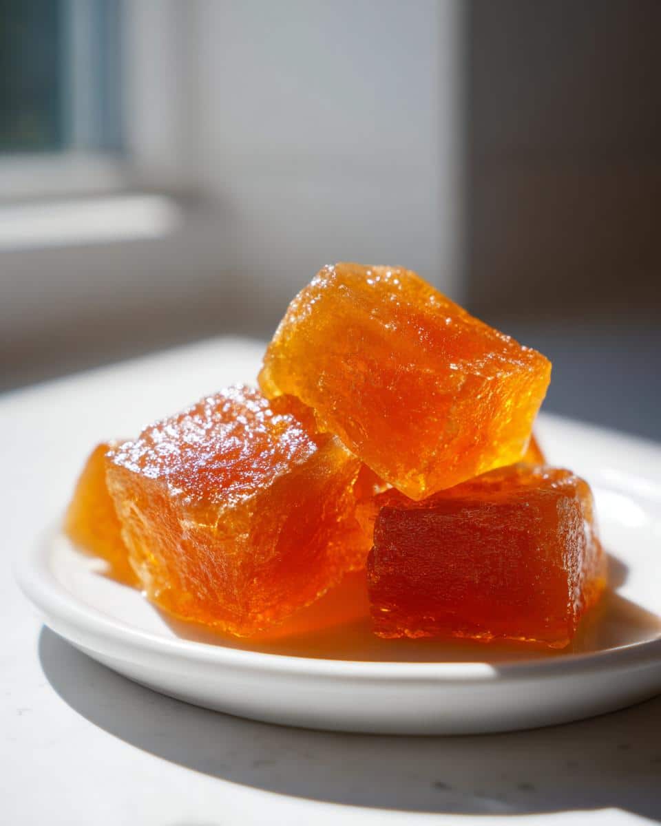 Close-up of several translucent, amber-colored Bone Broth Gummies stacked on a small white plate.
